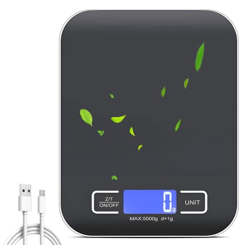 Küchenwaage Digital, 10kg/1g Küchenwaage Wiederaufladbar Digitale Küchenwaagen mit LCD Display & Tara Funktion Professionelle Küchenwaagen mit Akku Ladekabel- Schwarz von GBKDQQ