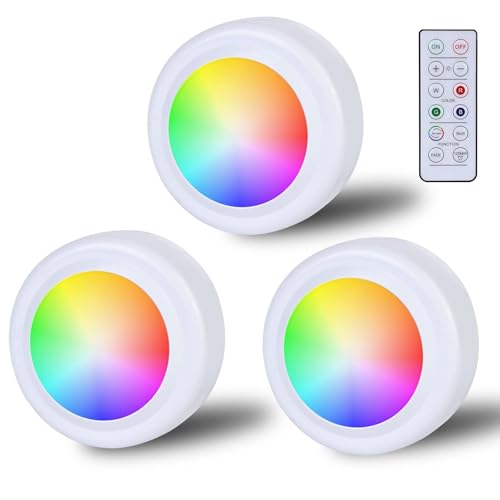 RGB Spots Batteriebetrieben Mit Fernbedienung: 16 Farbwechsel Schrankbeleuchtung Dimmbar Vitrinenbeleuchtung Kabellos LED Touch Lampe Timer Und Memoryfunktion Spot Batterie Zum Klebepads-3Stl RGB Spots Batteriebetrieben Mit Fernbedienung: 16 Farbwechsel Schrankbeleuchtung Dimmbar Vitrinenbeleuchtung Kabellos LED Touch Lampe Timer Und Memoryfunktion Spot Batterie Zum Klebepads-3Stl von GBKDQQ