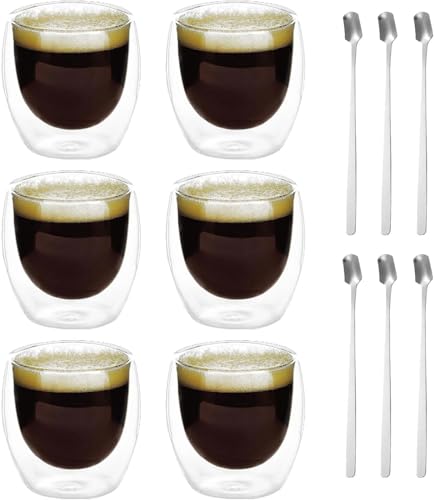 Latte Macchiato Gläser: 6 Stück Doppelwandig Espressotassen Set, 80ML Doppelwandige Gläser mit 6 Löffeln, Cappuccino Tassen Kaffeegläser Kaffeetassen Eiskaffee Glas Thermogläser Kaffeebecher von GBKDQQ