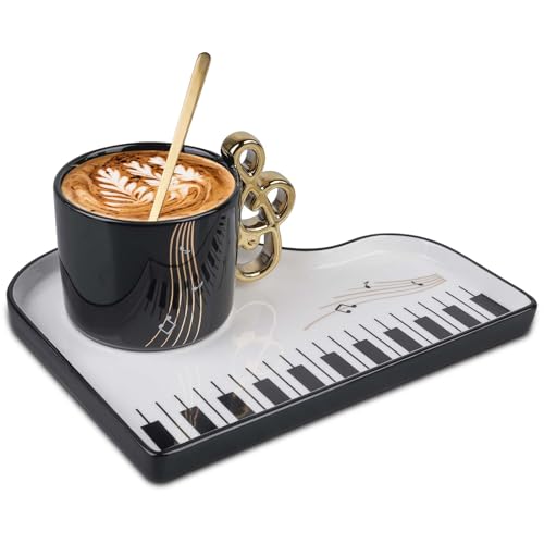 Musiknoten Keramik Kaffeetasse mit Unterteller und Löffel, 200ml Kreative Klavier Kaffeetasse Musik Note Bedruckt Teetasse Geschenk Tasse Kaffeebecher Für Musiklieber Musik Geschenk, Schwarz von GBKDQQ