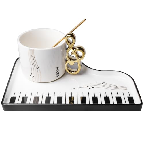 Musiknoten Keramik Kaffeetasse mit Unterteller und Löffel: 200ml Kreative Klavier Kaffeetasse Musik Note Bedruckt Teetasse Geschenk Tasse Kaffeebecher Für Musiklieber Musik Geschenk, Weiß Musiknoten Keramik Kaffeetasse mit Unterteller und Löffel: 200ml Kreative Klavier Kaffeetasse Musik Note Bedruckt Teetasse Geschenk Tasse Kaffeebecher Für Musiklieber Musik Geschenk, Weiß von GBKDQQ