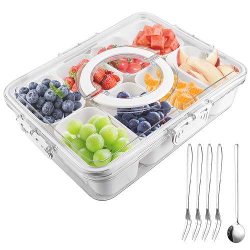Snackbox mit Fächern, BPA Frei & Spülmaschinenfest, Snackteller mit Deckel, Snackboxen mit 4 Gabeln + 1 Löffel, Snack Box mit Fächern Ideal für Obst, Nüsse, Süßigkeiten, Picknick & Unterwegs von GBKDQQ