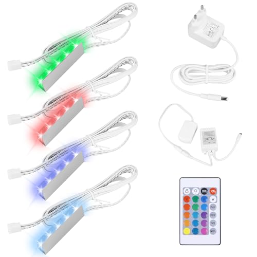 Vitrinenbeleuchtung 4er Set, LED Glasbodenbeleuchtung Inklusive 12V Netzteil mit Clip RGB Fernfarbwechsel, Glaskantenbeleuchtung für Vitrine, Tisch und Regal, Dimmbare Beleuchtung von GBKDQQ