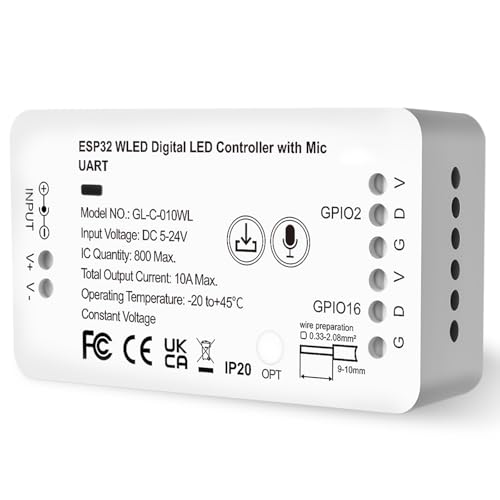 WLED Controller ESP32 mit Mikrofon – Digital LED Strip Controller für RGB/RGBW Addressierbare LED-Streifen (WS2812B, WS2811, SK6812) – 5-24V DC, DIY Lichtsteuerung mit 100+ Effekten von GBKDQQ