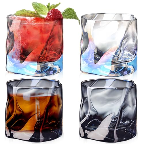 Whiskey Gläser 4er Set, Gekippten Falten Glass 200ml, Stiellose Kleine Saftgläser, Irregular Gläser für Männer Geburtstag Vatertag Jahrestag, 2 Bunt + 2 Asche von GBKDQQ