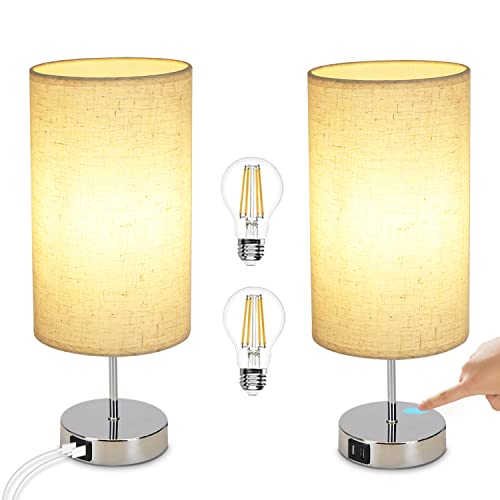 GBLY Nachttischlampe Touch Dimmbar 2er Set - Modern Tischlampe mit USB Anschlüsse, Schlafzimmer Nachttisch Lampe mit Ladefunktion, Chrom Bettlampe mit Stoffschirm, Tischleuchte E27 für Hotel Bett von GBLY