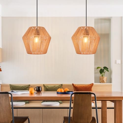 GBLY 2× Hängelampe Vintage Rattan Pendelleuchte: Boho Esszimmerlampe 150 cm E27 Hängeleuchte Rustikal Esstischlampe Hängend Max.40W Korblampe für Wohnzimmer Schlafzimmer Küche ohne Leuchtmittel von GBLY