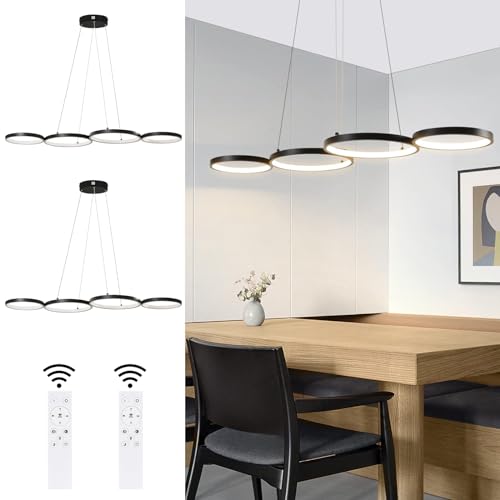 GBLY 2× LED Pendelleuchte Esstisch Hängelampe: 88CM Schwarz Hängend Lampe Modern 4 Ring Hängeleuchte Design Esszimmerlampe Dimmbar Esstischlampe mit Fernbedienung für Wohnzimmer Schlafzimmer von GBLY