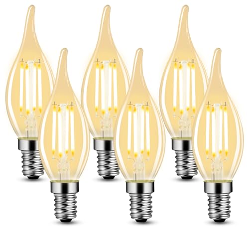 GBLY 6 Stück LED E14 Glühbirne Leuchtmittel: Lampe Warmweiß kerze Birne 4W 2700K Filament Retro Edison Glühlampe Vintage Light Bulb Glas Energiesparlampe - Nicht Dimmbar von GBLY