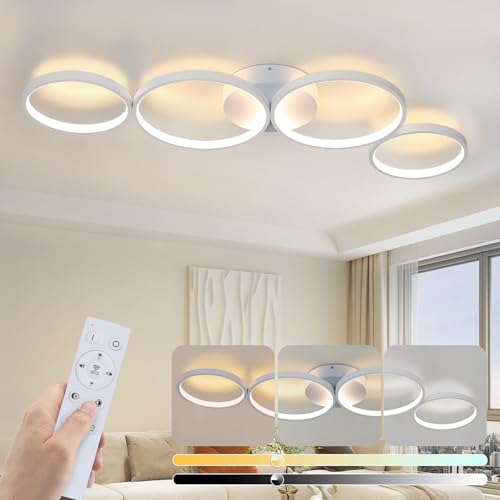 GBLY Deckenlampe LED Deckenleuchte Wohnzimmer: 100cm Wohnzimmerlampe Dimmbar 4-Ringen Modern Schlafzimmerlampe 56W Weiß Deckenbeleuchtung mit Fernbedienung Design für Schlafzimmer Büro Küche von GBLY