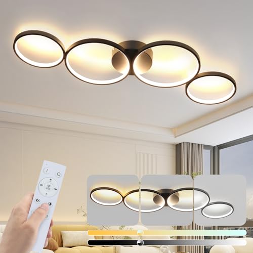 GBLY Deckenlampe LED Deckenleuchte Wohnzimmer: 100cm Dimmbar Wohnzimmerlampe 4-Ringen Modern Schlafzimmerlampe 56W Schwarz Deckenbeleuchtung mit Fernbedienung Design für Schlafzimmer Büro Küche von GBLY
