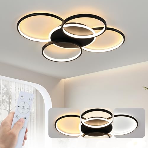 GBLY Deckenlampe LED Deckenleuchte Wohnzimmer: Wohnzimmerlampe Dimmbar 70W mit Fernbedienung 5-Ringen Schwarz Schlafzimmerlampe Modern Acryl Deckenbeleuchtung für Büro Schlafzimmer Esszimmer von GBLY
