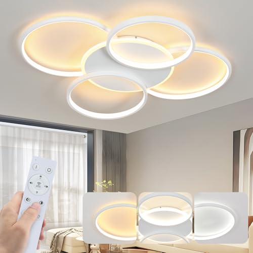 GBLY Deckenlampe LED Deckenleuchte Wohnzimmer: Wohnzimmerlampe Dimmbar 70W mit Fernbedienung 5-Ringen Weiß Schlafzimmerlampe Modern Acryl Deckenbeleuchtung für Büro Schlafzimmer Esszimmer von GBLY