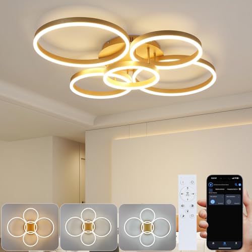 GBLY Deckenlampe LED Deckenleuchte Wohnzimmer: Wohnzimmerlampe Dimmbar 78W mit Fernbedienung 5-Ringen Gold Schlafzimmerlampe Modern Acryl von GBLY