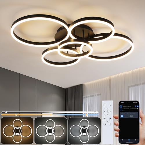 GBLY Deckenlampe LED Deckenleuchte Wohnzimmer: Wohnzimmerlampe Dimmbar 78W mit Fernbedienung 5-Ringen Schwarz Schlafzimmerlampe Modern Acryl Deckenbeleuchtung für Büro Schlafzimmer Esszimmer von GBLY