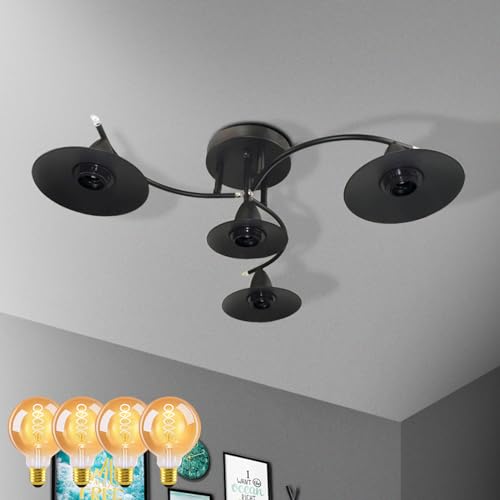 GBLY Deckenlampe Vintage Deckenleuchte mit 4 × E27 G95 Spiralförmigen GlühfädenGlühbirne Retro Schwarz Wohnzimmerlampe Industrial Flurlampe Schlafzimmerlampe Esszimmerlampe Wohnzimmer Beleuchtung von GBLY