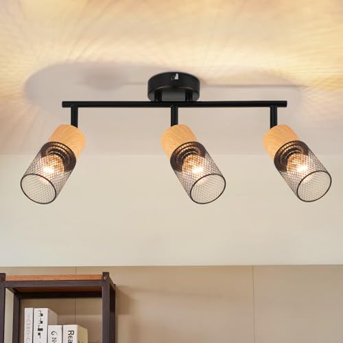 GBLY Deckenstrahler 3 Flammig Deckenleuchte: Vintage Deckenlampe Schwarz Gitter Holz Spots 350°Schwenkbar E14 Deckenspots Retro Wandstrahler für Wohnzimmer Schlafzimmer Küche Ohne Leuchtmittel von GBLY