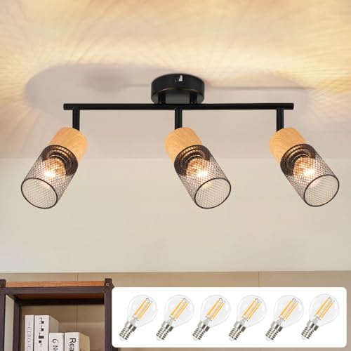 GBLY Deckenstrahler 3 Flammig Deckenleuchte: Vintage Deckenlampe mit 6 Birnen Schwarz Holz Spots 350°Schwenkbar E14 Deckenspots Küchenlampe Retro Wandstrahler für Wohnzimmer Schlafzimmer Küche von GBLY
