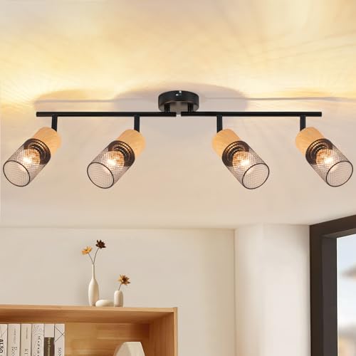 GBLY Deckenstrahler 4 Flammig Deckenleuchte: Vintage Deckenlampe Schwarz Holz Spots 350°Schwenkbar E14 Deckenspots Retro Wandstrahler für Wohnzimmer Schlafzimmer Küche Ohne Leuchtmittel von GBLY