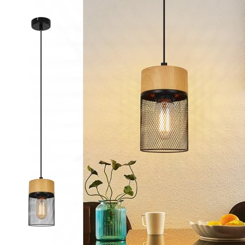 GBLY Hängelampe Vintage Pendelleuchte Esstisch: 1 Flammig Hängeleuchte Schwarz Gitter Holzmaserung Wohnzimmer Esszimmerlampe Industrial E27 Lampenfassung MAX.40W Esstischlampe für Küche Bar Flur von GBLY