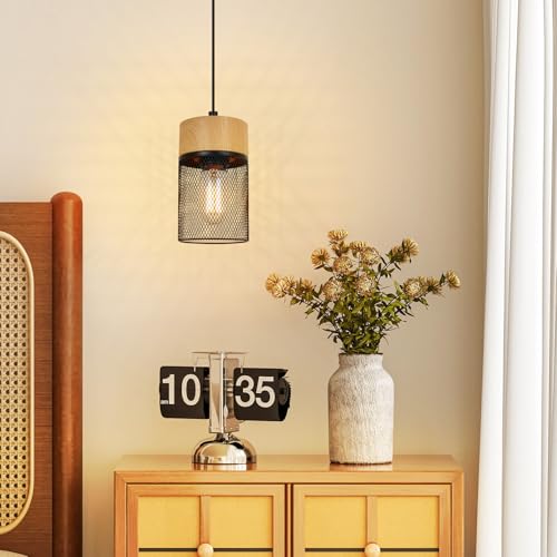GBLY Hängelampe Vintage Pendelleuchte Esstisch: 1 Flammig Hängeleuchte mit 3 Birnen Gitter Holzmaserung Wohnzimmer Esszimmerlampe Industrial MAX.40W Esstischlampe für Küche Bar Flur von GBLY