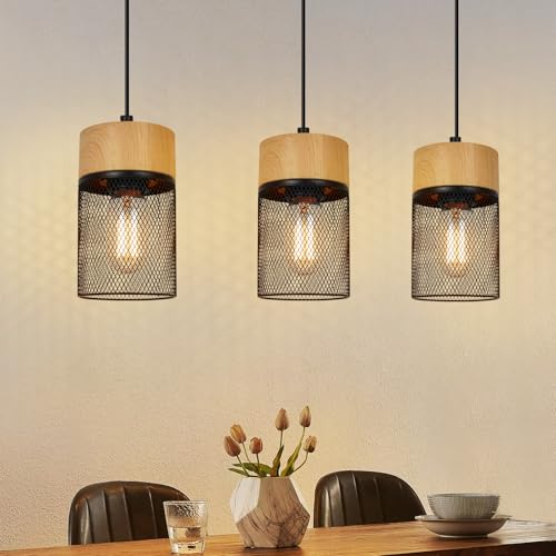 GBLY Hängelampe Vintage Pendelleuchte Esstisch: 3 Flammig Hängeleuchte Schwarz Holzmaserung Wohnzimmer Esszimmerlampe Industrial E27 Lampenfassung MAX.25W Esstischlampe für Schlafzimmer Küche Bar Flur von GBLY