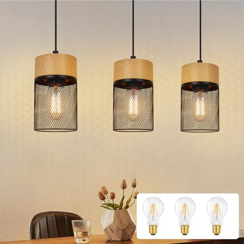 GBLY Hängelampe Vintage Pendelleuchte Esstisch: 3 Flammig Hängeleuchte mit 3 Birnen Schwarz Holzmaserung Wohnzimmer Esszimmerlampe Industrial MAX.25W Esstischlampe für Schlafzimmer Küche Bar Flur von GBLY