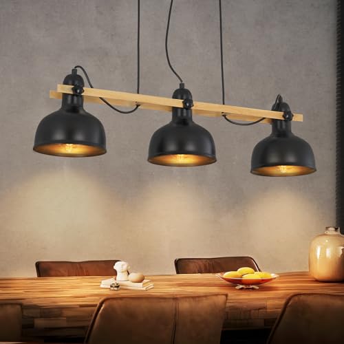 GBLY Hängelampe Vintage Pendelleuchte Esstisch: 3 Flammig E27 Hängeleuchte Holzbalken mit Schwarz Metall Lampenschirm Retro Esszimmerlampe Industrial Esstischlampe für Küche Esszimmer von GBLY