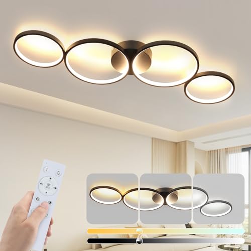 GBLY LED Deckenlampe Wohnzimmer Deckenleuchte: 88cm Dimmbar Wohnzimmerlampe 4 Ringe Modern Schwarz Schlafzimmerlampe 55W mit Fernbedienung Design Bürolampe für Schlafzimmer Büro Küche von GBLY