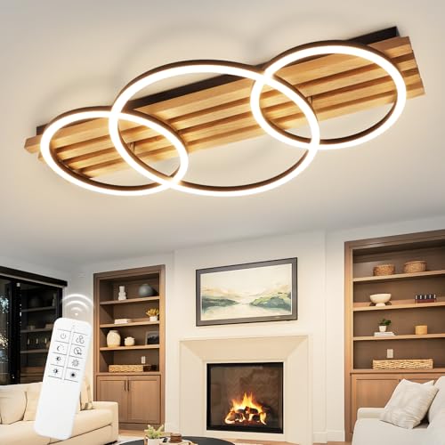 GBLY LED Deckenleuchte Dimmbar Holz Deckenlampe:70cm Wohnzimmerlampe Decke 46W 3-Ringen Modern Schlafzimmerlampe Schwarz Deckenbeleuchtung mit Fernbedienung Design für Schlafzimmer Büro Küche Lampe von GBLY