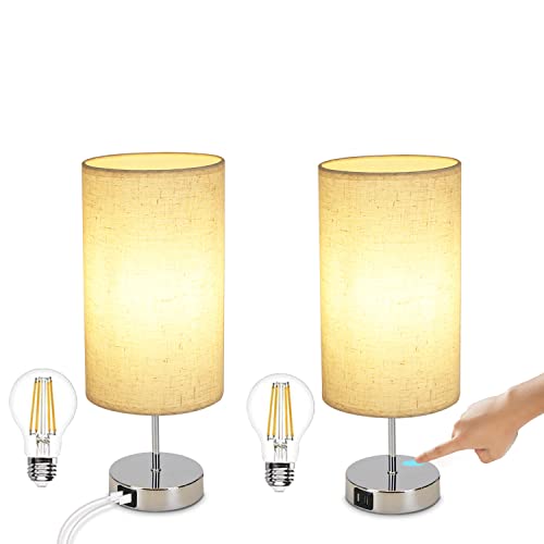 GBLY Nachttischlampe Touch Dimmbar 2er Set - Modern Tischlampe mit USB Anschlüsse, Schlafzimmer Nachttisch Lampe mit Ladefunktion, Chrom Bettlampe mit Stoffschirm, Tischleuchte E27 für Hotel Bett von GBLY