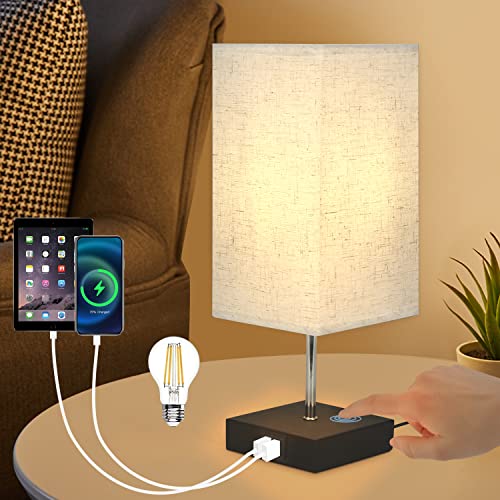 GBLY Nachttischlampe Touch Dimmbar Tischlampe: Tischleuchte mit Ladefunktion Schwarz Vintage Nachtlicht Aufladbar USB Nachttisch Lampe E27 Stoff Bettlampe für Wohnzimmer Schlafzimmer ohne Lichtquelle von GBLY