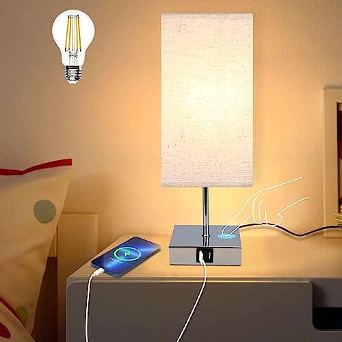 GBLY Nachttischlampe Touch Dimmbar mit Ladefunktion - Modern Design Tischlampe mit USB Anschlüsse, Schlafzimmer Nachttisch Lampe Bettlampe mit Stoffschirm Tischleuchte E27 für Hotel Bett Flur von GBLY