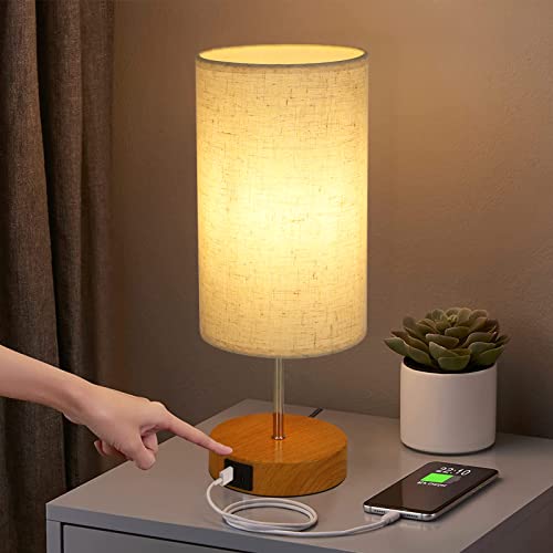 GBLY Nachttischlampe Touch Dimmbar mit Ladefunktion - Vintage Tischlampe mit USB Anschlüsse Nachttisch Lampe Holzoptik Bettlampe mit Stoffschirm Tischleuchte E27 für Schlafzimmer Hotel Bett Flur von GBLY