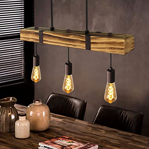 GBLY Pendelleuchte Esstisch aus Holz Vintage Hängelampe Retro Esszimmerlampe in 61CM Holzbalken - 3 x E27 max. 25W - Höhenverstellbar Industrial Pendellampe für Restaurant Bar Esszimmer Wohnzimmer von GBLY