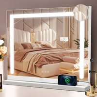 GBLY Schminkspiegel mit Beleuchtung 58 x 46 cm Schminktisch Spiegel mit Licht Touch dimmbare LED 3 Farblichtmodi 5-facher Vergrößerung USB Anschluss von GBLY
