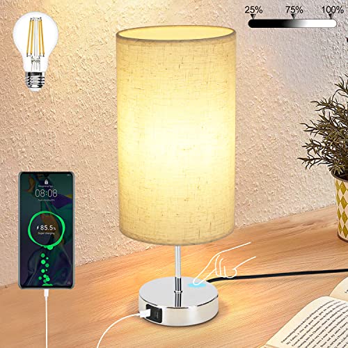 GBLY Nachttischlampe Touch Dimmbar mit Ladefunktion - Modern Tischlampe mit USB Anschlüsse, Schlafzimmer Nachttisch Lampe, Bettlampe mit Stoffschirm, Tischleuchte E27 für Hotel Bett Wohnzimmer Flur von GBLY