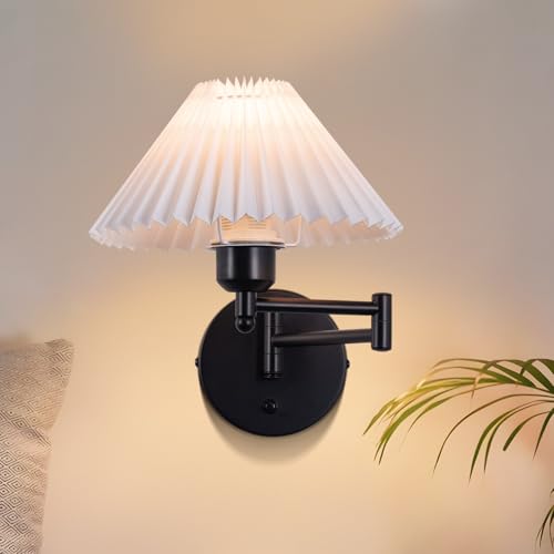 GBLY Wandleuchte Innen Wandlampe Vintage mit Schalter : E27 Retro Stoff Lampenschirm Wandbeleuchtung Flur 180° Schwenkbar Arm Weiß Flurlampe für Schlafzimmer Wohnzimmer Treppenhaus Ohne Leuchtmittel von GBLY
