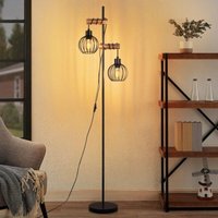Stehlampe Wohnzimmer Vintage Stehleuchte Schwarz: Holz Standleuchte Metall Industrial E27 Standlampe 2 flammig mit Käfig Lampenschirm Retro Bettlampe von GBLY