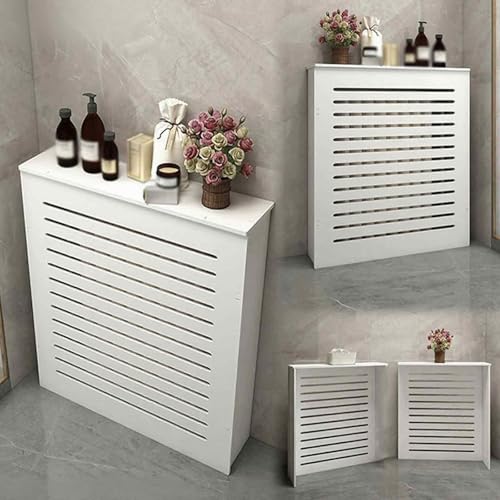 Weiße Heizkörperabdeckung mit Lamellengitter, Verkleidung Heizung für Wohnzimmer, Badezimmer, Tragbarer Holz Aufbewahrungsorganizer mit Abschirmdesign(80x80x15cm/32x32x6in) von GBPLDMAQ