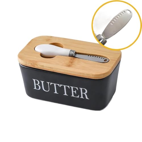 Butterdose Langlebig Butterdose mit Deckel for die Arbeitsplatte – Butterbehälter Keramiküberzug und Messer for den Kühlschrank, luftdichter(Black) von GBZIJIE