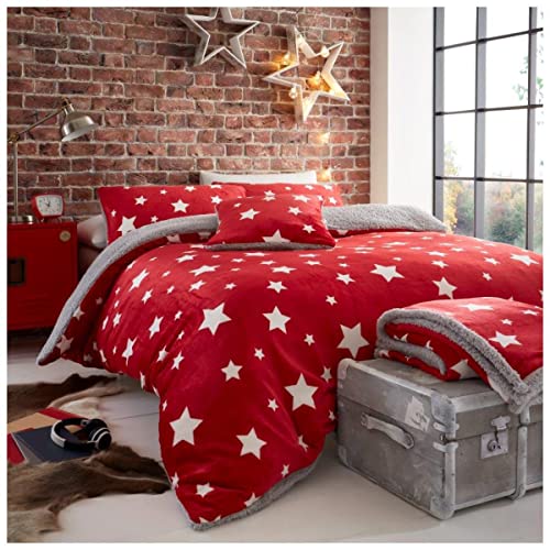 GC GAVENO CAVAILIA Premium Soft & Cosy Warm Thermo-Bettwäsche-Set, Pflegeleicht, Flauschiges Fleece Teddy Stern Bettbezug, rot, Doppelbett von GC GAVENO CAVAILIA