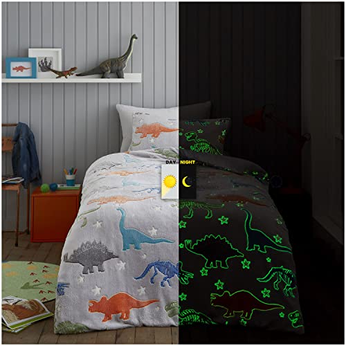 GC GAVENO CAVAILIA Dinosaurier-Bettbezug-Sets, leuchtet im Dunkeln, Bettwäsche-Set, Einzelbett-Set für Kinder, Flauschige Bettbezüge, Grau von GC GAVENO CAVAILIA