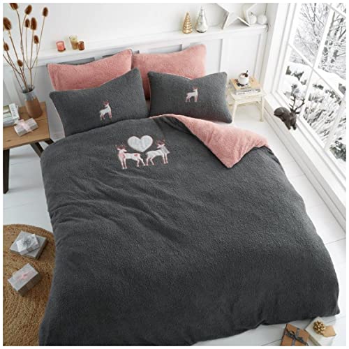 GC GAVENO CAVAILIA Teddy Fleece Bettbezug Set Wendebettwäsche & Leinen Set Kuschelig Warm & Gemütlich Flauschige Bettbezug Double Love Stag-Grey von GC GAVENO CAVAILIA