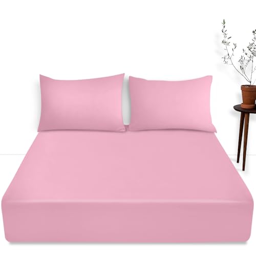 Luxus-Bettwäsche-Spannbettlaken für Doppelbett, einfarbig, rosa – Polycotton, Tiefe Taschen, Bettlaken 40 cm, maschinenwaschbar von GC GAVENO CAVAILIA