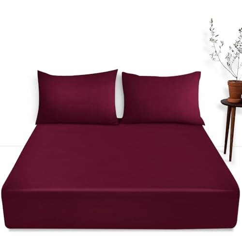 Pflegeleichtes, einfarbiges Spannbetttuch, 40 cm tief, mit elastischen Ecken, atmungsaktives und bequemes Bettlaken für Einzelbett, Weinrot von GC GAVENO CAVAILIA
