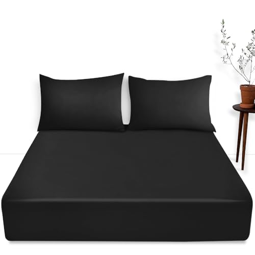 Spannbettlaken für Super-Kingsize-Betten – 40 cm, einfarbig, Polycotton, tief, elastisch, Schwarz von GC GAVENO CAVAILIA