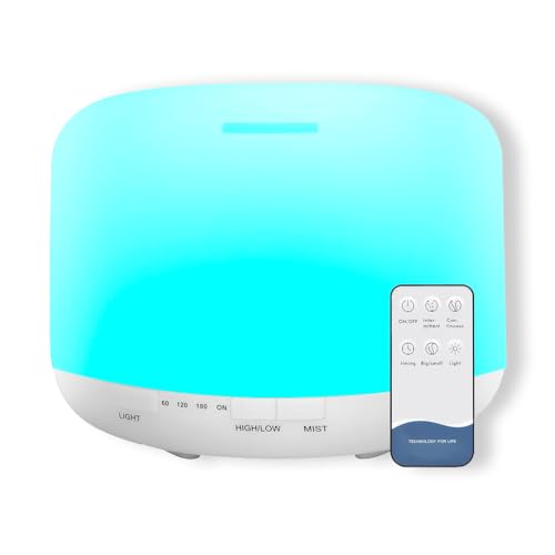 Diffusor für ätherische Öle, 500 ml, mit 7 bunten LEDs, Luftbefeuchter und Luftreiniger, Aromatherapie-Funktion, komplett mit Fernbedienung und Messbecher von GC GLOBALCOMMERCE