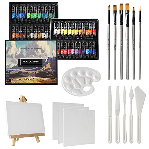 GC QUILL 48 Farben Acrylfarben Set 12 ml x 48 Tuben mit 6 Pinseln, Palettenmessern, leinwand zum bemalen, Staffelei, für Künstlerfarben auf Holz, Keramik, Stoff, Basteln GC-APK48 von GC QUILL