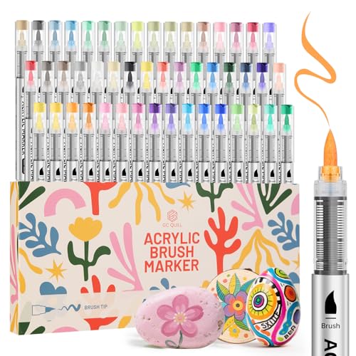 GC QUILL acrylstifte für steine wasserfest – 48 Farben Acrylstifte & Acrylmarker mit flexibler Pinselspitze – Stifte zum Steine Bemalen, für Glas, Holz, Keramik, DIY, Textilien GC-AM48 von GC QUILL